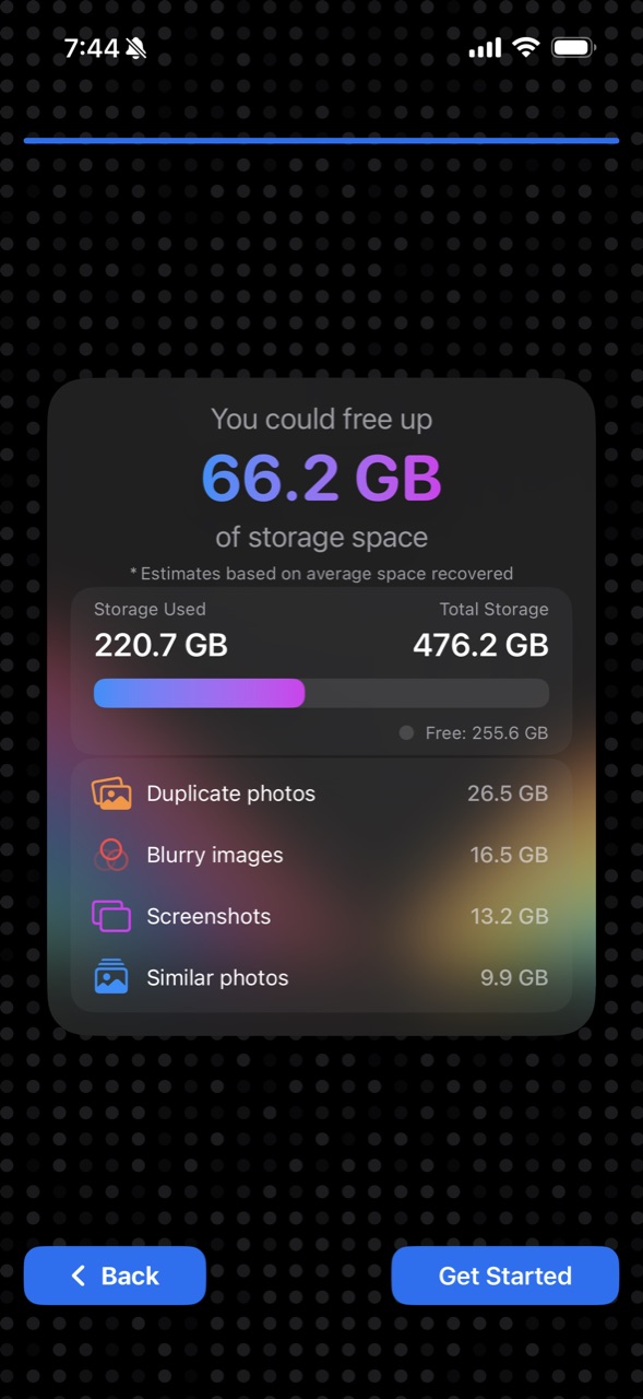 Cleaner storage estimate screen